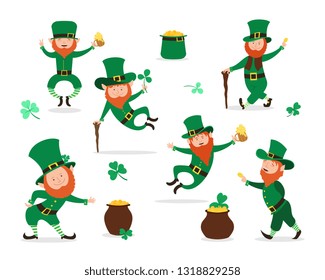 Leprechaun collection for Saint Patrick Day design. Cute Irish fairytale character set.