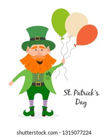 Leprechaun with colorful balloons. Saint Patrick's Day concept. Vector illustration.