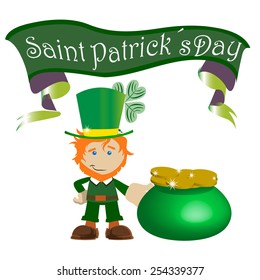 leprechaun  in company with pot full of gold coins