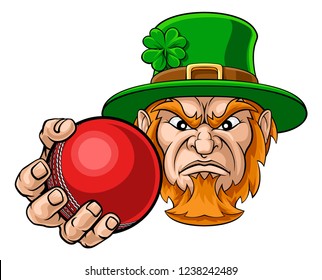 A leprechaun cricket sports mascot holding a ball 