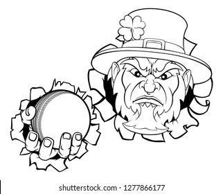 A leprechaun cricket sports mascot holding a ball and tearing through the background.
