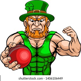 A leprechaun cricket sports mascot holding a ball