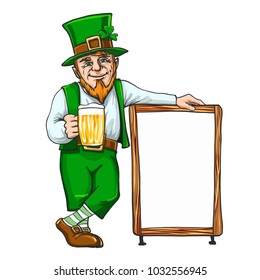 Leprechaun with cup of beer near a sign