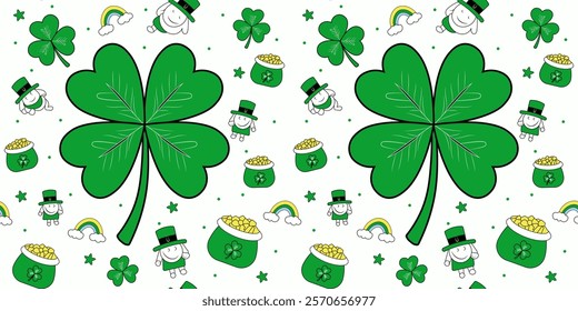 Leprechaun, Cute Clover and sack of gold coins in seamless pattern. Happy St. Patrick's Day Patrick! Good for textile prints, posters, banners, wraps and wallpaper.