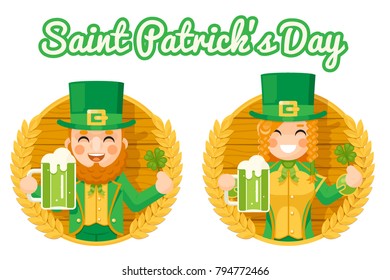 Leprechaun Cute Gnome Girl Saint Patrick Day Celebration Clover Success and Prosperity Symbol Mug Beer with Foam Icon on Barrel Background Greeting Card Flat Design Vector Illustration.