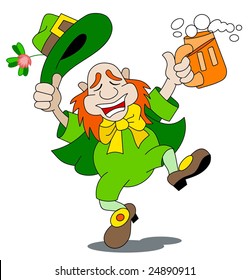 A leprechaun is dancing with beer. Irish dancer. Vector clip art.