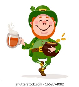 Leprechaun dancing with a beer and a pot of gold coins on a white background. RGB. Global color