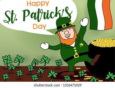 Leprechaun in dancing cartoon character on shamrock plant field and golden coins's pot, "Happy" "St. Patrick's Day" lettering on wording balloon with Irish flag on light green background.  