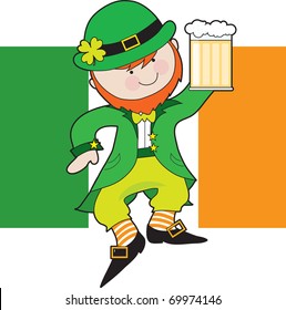 A leprechaun is dancing with a mug of beer in his hand. Behind him is the Irish Flag