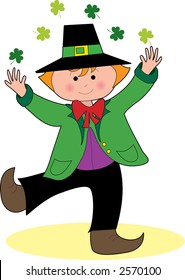 A Leprechaun dancing and tossing shamrocks over his head