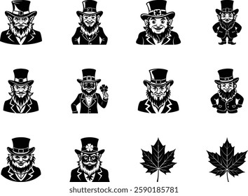 Leprechaun Design Elements Black and White Vector Illustrations for St. Patrick's Day