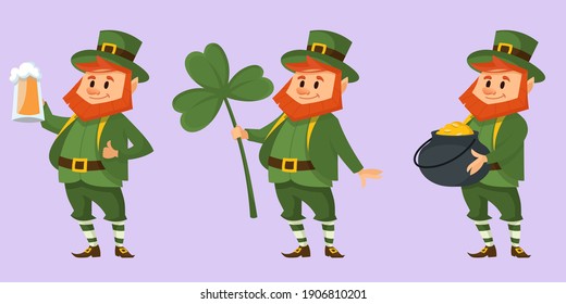 Leprechaun in different poses. Fairy tale character in cartoon style.