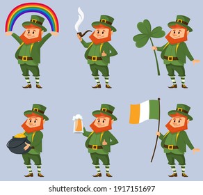 Leprechaun in different poses. Fictional character in cartoon style.