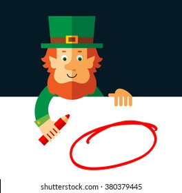 Leprechaun drawing a red pencil empty frame on a blank sheet. Flat style vector illustration   Symbol Saint Patrick's Day