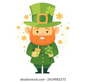 leprechaun with drink and four-leaf clover bouquet, four-leaf clover symbol of good luck, funny character, Irish folklore