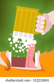 Leprechaun drinking beer. Scary Gnome reddish beard and mug of ale. Open mouth and tongue. Illustration for St. Patricks Day. National Holiday in Ireland
