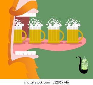 Leprechaun drinking beer. Scary Gnome reddish beard and mug of ale. Open mouth and tongue. Illustration for St. Patricks Day. National Holiday in Ireland

