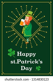 Leprechaun drinking Beer, side view - St. Patrick's Day Greeting card layout Design