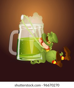 Leprechaun Drinking Beer through Straw-St. Patrick's Day Cartoon Vector Illustration