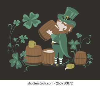 Leprechaun drinks beer from a wooden barrel. Illustration for St. Patrick's Day.