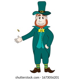 Leprechaun. An elf wearing a hat tosses a coin with a clover emblem. A magical character in emerald-colored clothing. Colored vector illustration. Isolated background. Saint Patrick Day. 