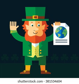 Leprechaun engaged in a global search. Flat style vector illustration   Symbol Saint Patrick's Day