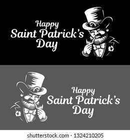 Leprechaun engraved vector logo or label illustration for Saint Patrick's Day etching linocut style Dwarf traditional Irish folklore Celtic mythology with hat shamrock and pipe on black background