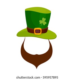 Leprechaun Face with beard in green hat for Happy St. Patrick's Day celebration.