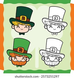 Leprechaun face cartoon character illustration color and colorring doodle  St. Patrick's Day