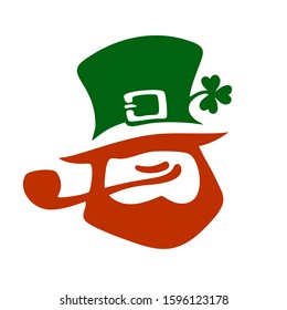 Leprechaun face icon with green hat, red beard, pipe and clover. Saint Patrick's Day logo. Hand drawn vector illustration isolated on white background.