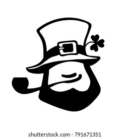 Leprechaun face icon with hat, pipe, and clover.Saint Patrick's Day logo. Hand drawn black vector illustration isolated on white background.