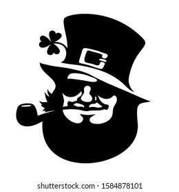 Leprechaun face icon with hat, sunglasses, pipe, and clover. Saint Patrick's Day logo. Hand drawn black vector illustration isolated on white background.