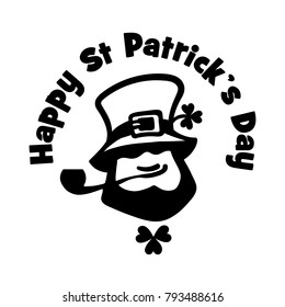 Leprechaun face logo with hat, pipe, and clover. Happy Saint Patrick's Day text. . Hand drawn black vector icon isolated on white background.