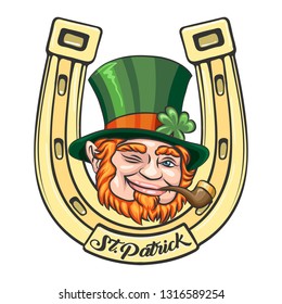 Leprechaun face on Golden Horse Shoe background. St.Patrick's Day Emblem. Vector illustration.