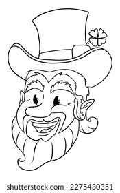 Leprechaun face with smiling head, top hat and four-leaf clover in outlines.