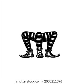 leprechaun feet in engraving style - hand drawn vector illustration on the theme of Halloween. Three legs in striped leggings bent at the knees sketch with black shading 