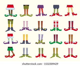 Leprechaun feet flat cartoon vector illustrations set. Elf shoes and striped stockings icons collection. Christmas dwarf legs in funny boots isolated on white background. Christmas gnome bundle