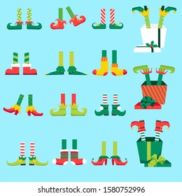 Leprechaun feet flat cartoon vector illustrations set. Elf shoes and striped stockings icons collection. Christmas dwarf legs in funny boots isolated on white background. Christmas gnome bundle