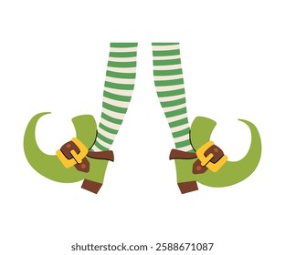 Leprechaun feet in green striped stockings and funny shoes. Patrick's Day decor. Carnival festival costume, party footwear, elf legs, gnome or clown legs. leprechaun cartoon feet. Vector illustration.