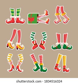 Leprechaun feet set. Shoes for elves feet, feet of gnomes-assistants of Santa Claus in a set of pants. Shoes, funny striped socks and boots. Vector illustration