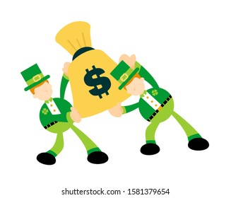 leprechaun fight for money bag cartoon doodle flat design style vector illustration