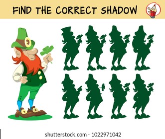 Leprechaun. Find the correct shadow. Educational matching game for children. Cartoon vector illustration