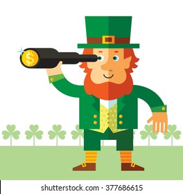 Leprechaun  find money by spyglass. Flat style vector illustration   Symbol Saint Patrick's Day