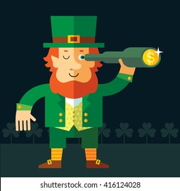 Leprechaun  find money by spyglass. Flat style vector illustration   Symbol Saint Patrick's Day