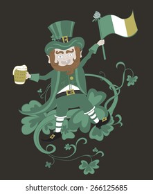 Leprechaun with flag holding a mug of beer in the other hand. Illustration for St. Patrick's Day.
