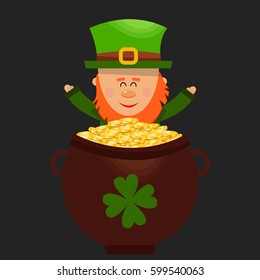 Leprechaun flip a gold coin. Vector illustration.