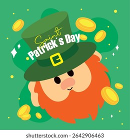 Leprechaun com moedas voadoras. Ilustração vetorial