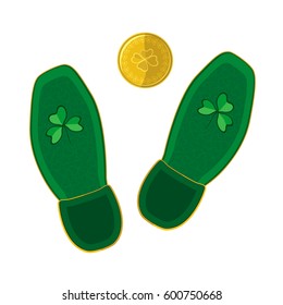 Leprechaun footprints and gold coin. Sole of shoes with a shamrock and lucky four-leafed.