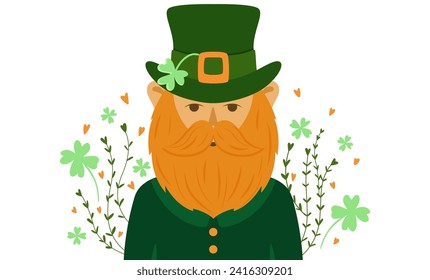 leprechaun, four leaf clover, symbol of good luck, flat style, St. Patrick's day illustration