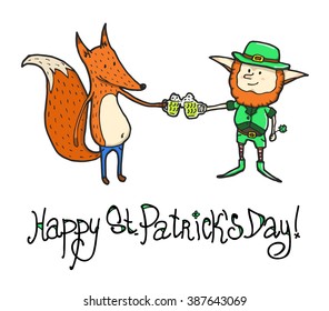 Leprechaun and fox drinking ale